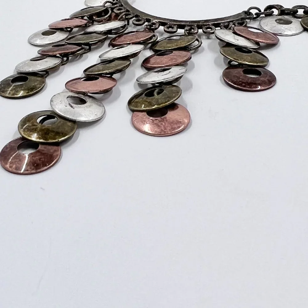 BOHO Vibes Tri-Colored Disk Dangle Brass Tone 14” Chain Choker Necklace - Picture 8 of 8